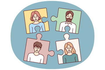 Obraz premium Puzzle employees for team formation and personnel selection by employees recruiting agency or HR business. Recruiting puzzle metaphor for finding people with skills for vacancy in company or startup