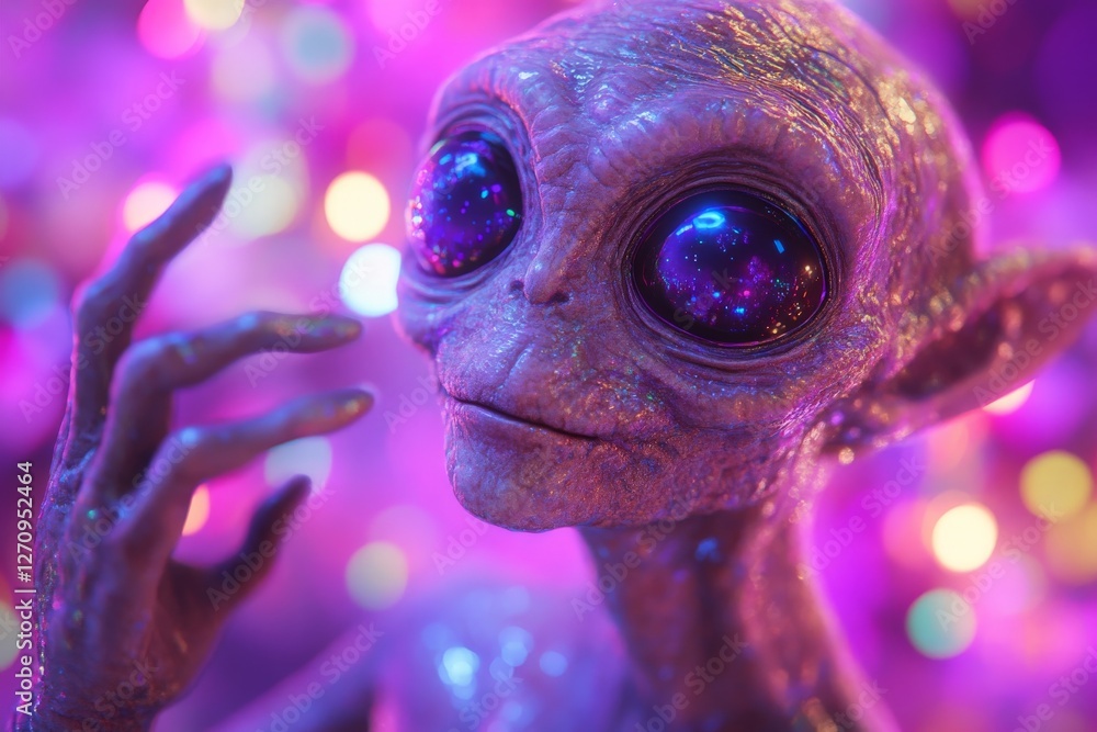 Poster alien creature with large reflective eyes and colorful background in an otherworldly setting
