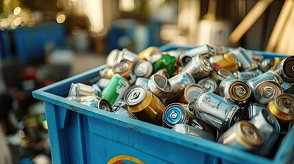 A blue recycling bin overflowing with empty metal cans, highlighting the importance of recycling efforts.