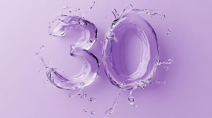 Water Splash Number 30, Glassy Transparent Water Effect, Splash Art Design, Purple Background, Aqua Number Graphics
