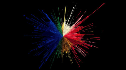 Colorful particle burst spreading radially from central point, generating dynamic energy wave against deep black background, depicting explosive visual momentum