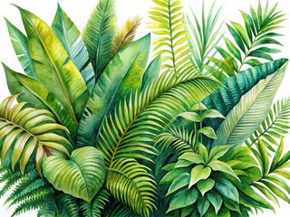 Lush Tropical Watercolor Painting: Palm Leaves & Ferns on White