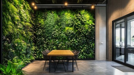 A botanical-inspired green leaf wall in an eco-conscious space, showcasing the beauty of living plants