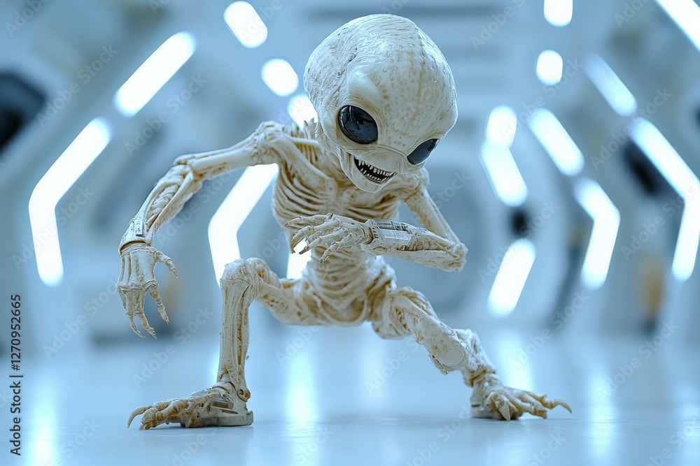 Poster alien creature in a futuristic environment exploring a sleek, modern space station during an extrate