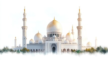 Fototapeta premium Majestic white mosque with golden domes surrounded by lush greenery (1)