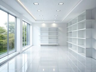 Minimalist White Room Interior: Empty Shelves, White Wall, Tiled Floor - Stock Photo