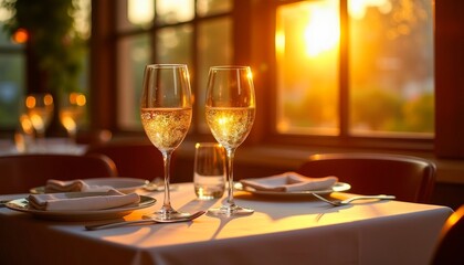 Sparkling Celebration: Two glasses of bubbly beverage on a beautifully set table bathed in warm sunlight, creating a romantic atmosphere.