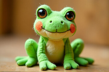 Obraz premium A charming handmade frog toy with stitched features and a bumpy texture. creativity hobby and handicrafts, diy, background for design. creativity hobby and handicrafts, diy, background for design.