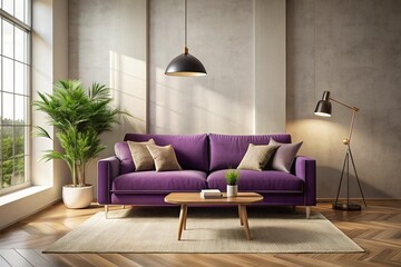Modern Loft Living Room: Purple Sofa, Violet Pillow, Beige Wall, Floor Lamp - Copy Space