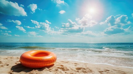 A bright inflatable ring on a sandy beach, with the sun shining and blue skies above, perfect for a summer day at the shore