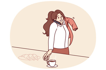 Busy woman makes business phone call having breakfast and puts on jacket hurrying to work. Busy businesswoman in hurry talking on phone and drinking coffee to get job done without breaking deadlines