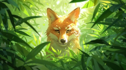 Obraz premium A fox emerges from lush greenery, illuminated by soft sunlight in a serene forest setting.