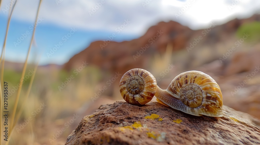 Poster two beautiful goldenbrown snails resting on a rock in a breathtaking natural setting : generative ai