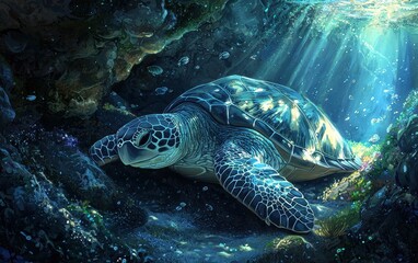Fototapeta premium A sea turtle resting under a rocky ledge