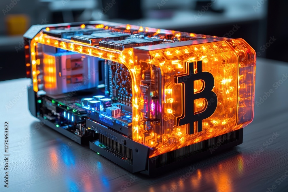 Poster a futuristic crypto mining rig, enclosed in a glowing transparent orange case, displaying its comple