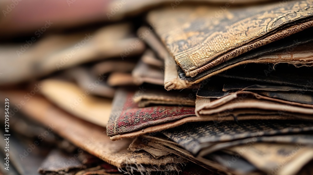 Aufkleber Closeup of a pile of vintage fabrics showcasing intricate patterns and textures for design inspiration : Generative AI