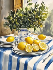 Fresh lemons on striped table, floral vase with leaves, sunlit window, bright summer ambiance, vibrant citrus decor