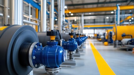 Fototapeta premium Industrial interior of a modern manufacturing facility showcasing blue valves and piping under bright lights