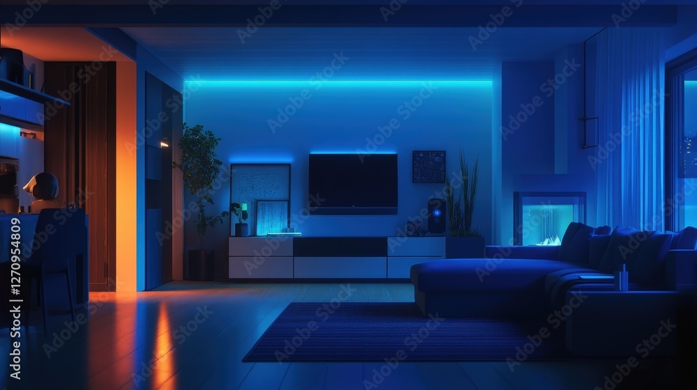 Poster a smart digital home controlled by a central ai system, where users adjust lighting, temperature, an