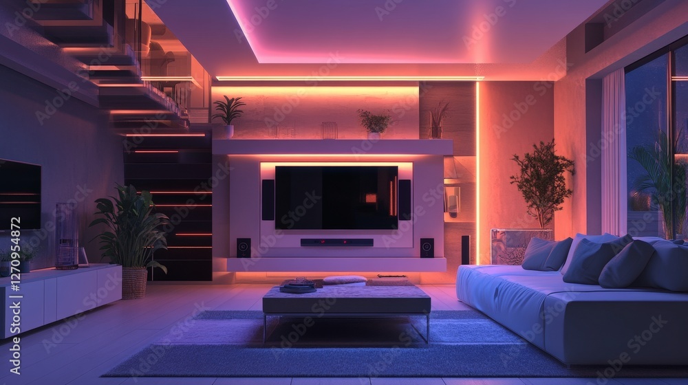 Poster a smart digital home controlled by a central ai system, where users adjust lighting, temperature, an