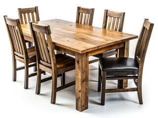 Rustic Wooden Farmhouse Dining Table with Simple Black Chairs - Isolated on White Background