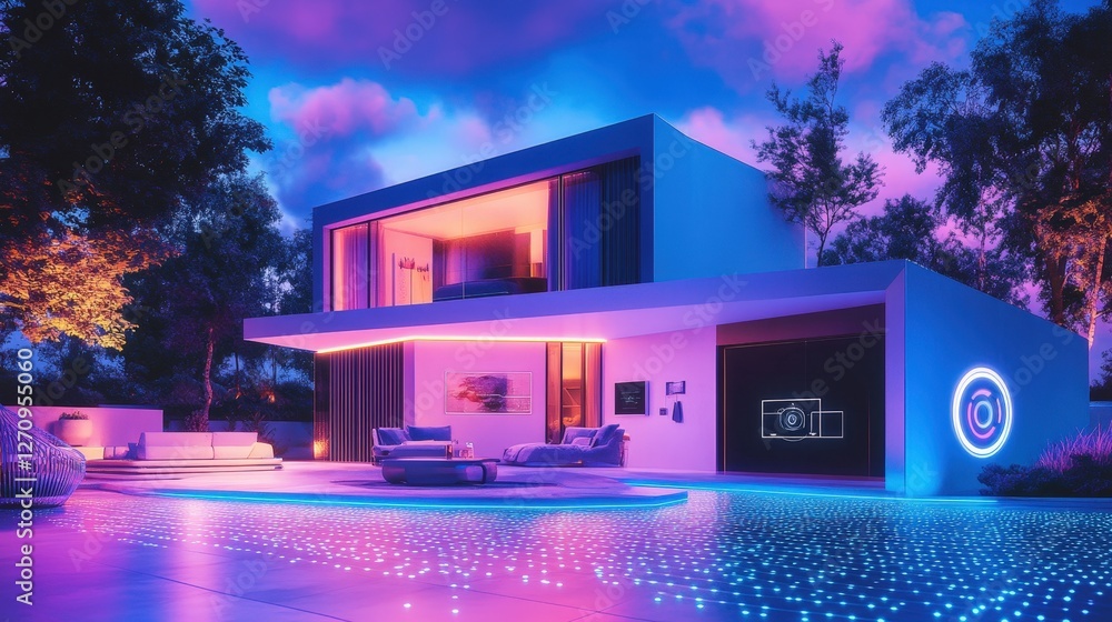 Poster a smart home controlled by ai, where lights, temperature, and appliances automatically adjust based 