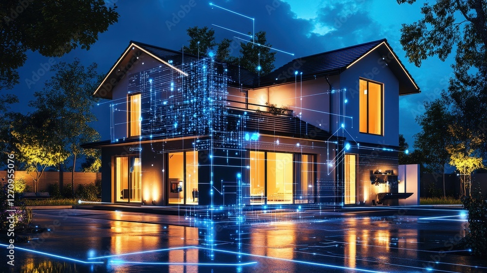 Poster a smart home controlled by ai, where lights, temperature, and appliances automatically adjust based 