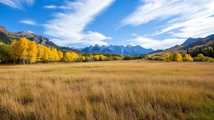 Breathtaking Scenic View of Autumn Aspens and Mountains in a Colorful Landscape : Generative AI