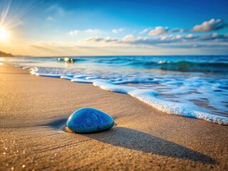 Serene Beachscape: Blue Ice Rock on Sandy Shore with Gentle Waves and Pebbles