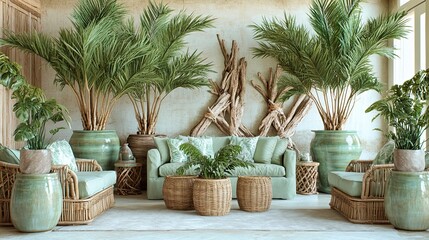 A tropical-themed eco-living room with high tropical palms in ceramic pots