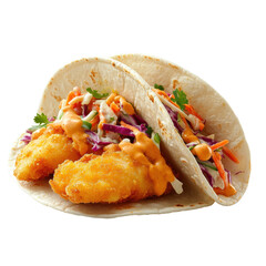 Isolated Two Crispy Fish Tacos with Colorful Cabbage Slaw and Sauce