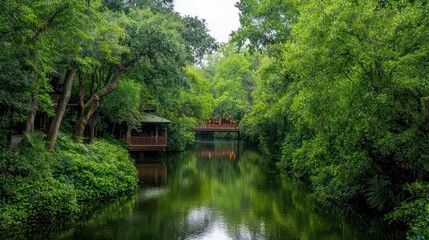 Obraz premium Serene River in Lush Tropical Forest with Wooden Bridge