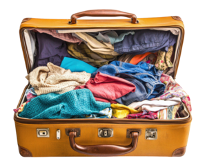 suitcase overflowing with colorful clothes and souvenirs creates messy travel scene, evoking sense of adventure and exploration