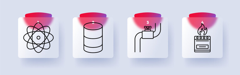 Gas and fuel set icon. Atomic structure, fuel storage tank, pipeline with valve, gas stove, energy supply, resources, industry, petroleum, infrastructure, utilities