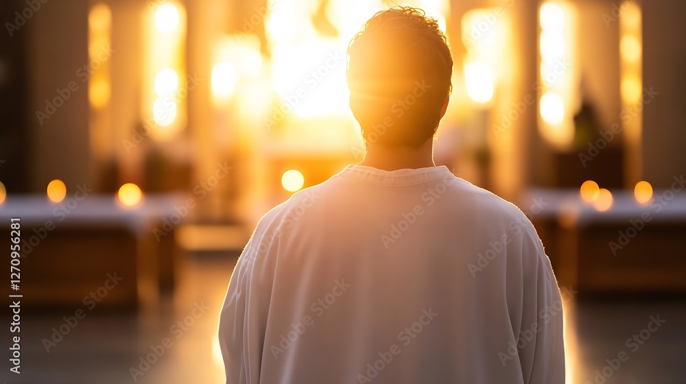 Poster man in white robe gazing at the sunset with a serene expression in a calm reflective environment : g