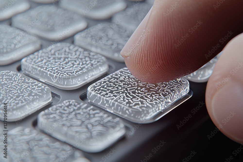 Poster a macro shot of a finger pressing a uniquely textured key on a modern keyboard, emphasizing tactile 