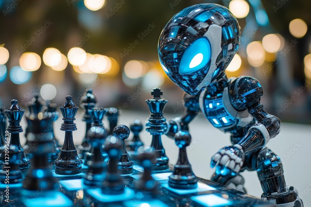 Poster robot engages in a chess match under evening lights in a futuristic setting
