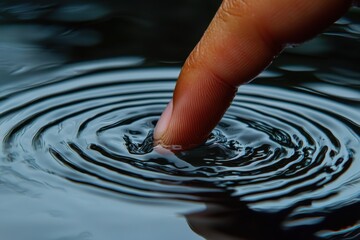 Close-up of a finger gently touching water, creating ripples, symbolizing impact and delicate interaction with the natural world and its elements.