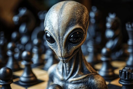 Intriguing alien figure engaged in a chess game on a wooden board with dark pieces and a strategic atmosphere