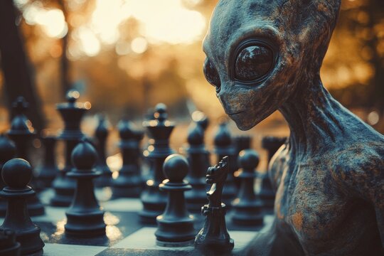 Alien figure plays chess in a park during sunset with warm light illuminating the scene and trees in the background