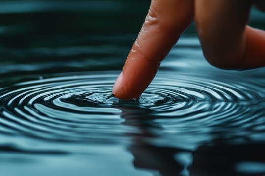 A single finger touching the surface of water creating ripples, a concept of impact, causing change, and creating a cascading effect in the dark blue water.