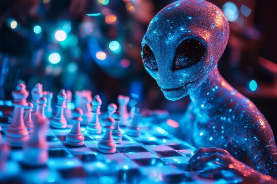 Alien intellect engages in strategic chess match under vibrant cosmic lights in a futuristic setting