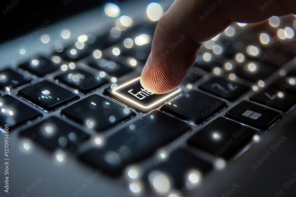 Poster a captivating macro shot of a finger pressing an illuminated 'enter' key on a laptop keyboard, surro