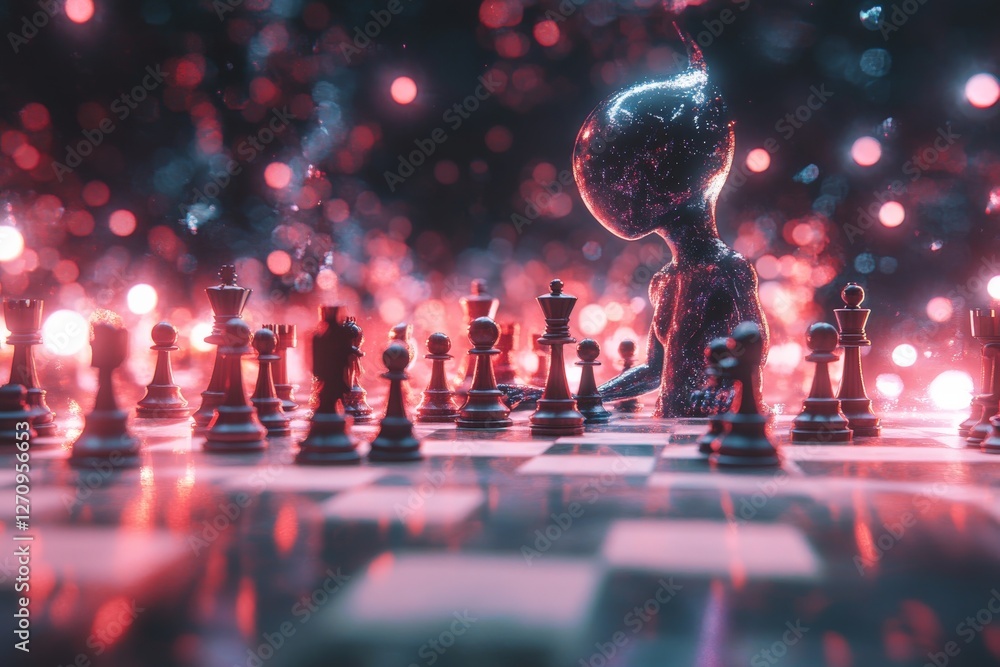 Aufkleber conceptual chess match featuring an alien figure with glowing elements and an ethereal atmosphere at