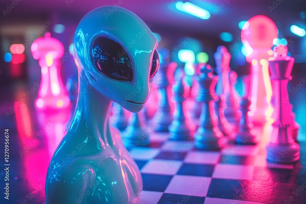 Poster alien figure with large eyes engaged in a chess game illuminated by neon lights in a futuristic sett