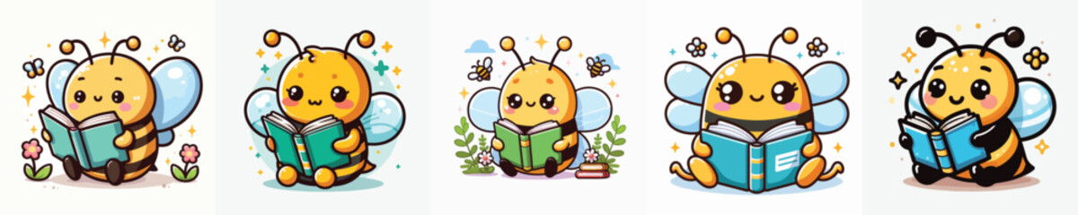 vector of cute bee reading a book