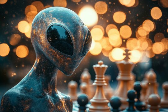 Alien figure observing a chess game with glowing background lights at night