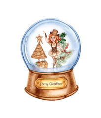 Crystal ball with glass sphere mounted on a brown wooden base with gold plaque watercolor illustration. Inside Ballerina in fir branches in steampunk style, isolated from background.