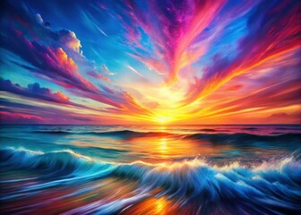 Vibrant Sunset Seascape: Abstract Ocean Painting with Copy Space for Text