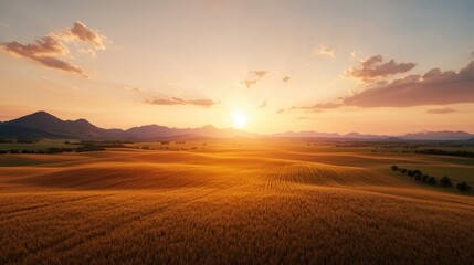 Fototapeta premium A breathtaking sunset over golden fields, with mountains in the distance, creating a serene and picturesque landscape.